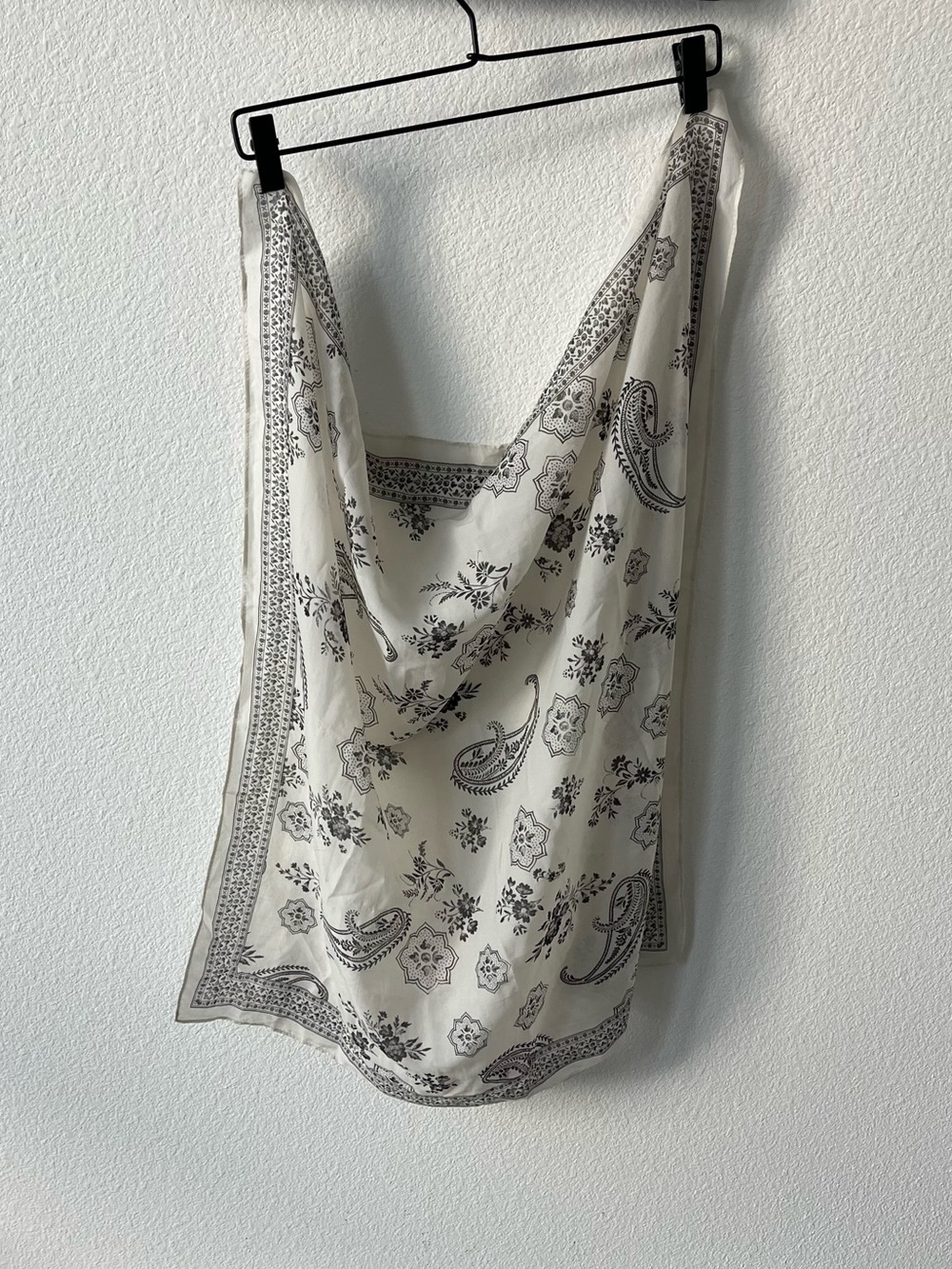 Sheer white bandana scarf, black paisley & floral design, square